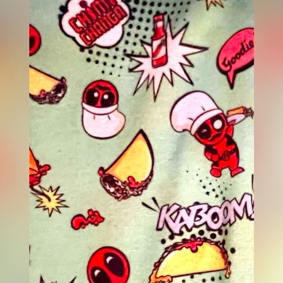 Deadpool Marvel 🌮 2 PC Set Womens Print Tee Shirt Top + Black Pom Pom Shorts S - Picture 5 of 9